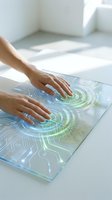 Hands interacting with futuristic holographic interface displaying digital circuits and glowing elements on transparent glass surface in modern workspace.
