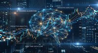Artificial intelligence brain network overlaying financial trading charts with glowing connections and data analytics for algorithmic trading technology.