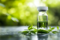 Glass vial with green liquid and fresh leaves on blurred natural background, representing natural medicine, aromatherapy or organic cosmetics concept.