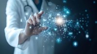 Healthcare professional touching digital interface with glowing icons and data points, representing medical technology innovation in modern healthcare.