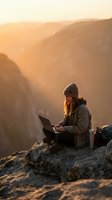 Woman working on laptop at mountain cliff edge during golden hour sunset, remote work and digital nomad lifestyle in nature.