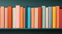 Colorful book spines arranged in pastel and warm tones on wooden shelf against dark green wall background, creating minimalist library aesthetic for education and reading concepts.