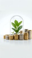 Green plant protected under glass dome with stacked coins representing sustainable investment growth and financial security on white background.