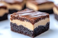 Layered chocolate brownie dessert with creamy peanut butter filling and chocolate ganache topping on white plate, macro food photography showing rich texture and decadent layers.