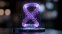 Glowing purple hourglass shape formed by luminous particles floating above dark surface with bokeh background, symbolizing time and digital transformation.