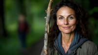 Smiling middle-aged woman with curly brown hair outdoors holding wooden walking stick, wearing casual jacket against blurred green nature background. Authentic lifestyle portrait.