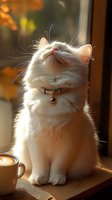 White fluffy cat with collar and bell sitting contentedly near window with coffee cup, bathed in warm sunlight. Cozy autumn morning atmosphere with golden bokeh effect.