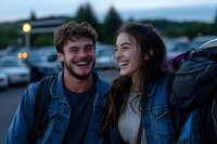 Young diverse couple laughing together at dusk in parking lot, wearing denim jackets. Genuine emotional moment captured in natural evening light with bokeh background.
