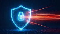 Glowing blue cybersecurity shield with padlock deflecting red laser attack beams on dark digital grid background for network protection concepts.