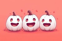 Happy white pumpkins with cheerful expressions on coral pink background with falling autumn leaves, cartoon style illustration for seasonal decoration.