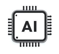 Microprocessor chip with AI text symbol on white background, modern minimal design representing artificial intelligence and machine learning technology.