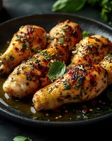 Grilled chicken drumsticks with herbs and spices in cast iron pan, garnished with fresh basil leaves for gourmet meal preparation.