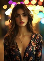 Young woman with long dark hair in floral dress against blurred bokeh lights background, soft evening lighting creates romantic mood for fashion and lifestyle content.