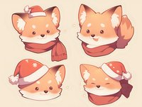 Cute kawaii fox heads wearing red Santa hats and winter scarves in cartoon style on beige background, festive holiday character design collection.