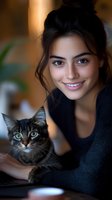Young woman holding adorable tabby kitten at home, smiling warmly in cozy indoor setting with natural lighting for pet care and companionship concepts.