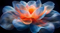 Glowing orange and blue lotus flower with translucent petals on black background creates ethereal artistic effect. Suitable for meditation and wellness designs.