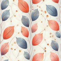 Seamless floral pattern with coral pink and navy blue leaves on cream background, delicate golden berries and thin stems creating elegant botanical design.