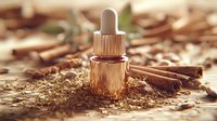 Essential oil dropper bottle with cinnamon sticks and dried herbs on wooden surface, warm golden lighting creates luxurious aromatherapy atmosphere.