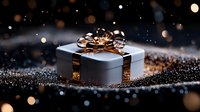 Silver gift box with metallic copper bow on dark glittery surface with bokeh lights creating magical holiday atmosphere. Elegant present photography for celebrations.