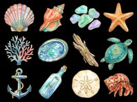 Watercolor beach and ocean elements collection isolated on transparent background, ready for t-shirt design, clipart, stickers, sublimation and print-on-demand projects.