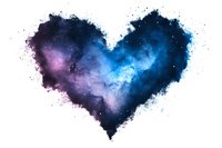 Cosmic heart shape filled with vibrant blue and purple nebula watercolor texture on white background, stars scattered across galaxy space design.