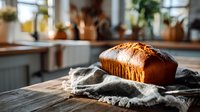 Freshly baked homemade banana bread loaf on rustic wooden table with linen cloth in cozy kitchen with natural light and houseplants.
