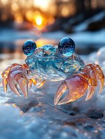 Crystal glass crab figurine with blue eyes and orange claws on ice at sunset, magical winter scene with bokeh light effects and reflective surfaces.