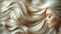Young Caucasian woman with flowing platinum blonde wavy hair against dark background, eyes closed in serene expression, profile view showing smooth skin and natural makeup.