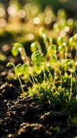 Fresh green seedlings emerging from rich soil with golden sunlight and bokeh background creating magical spring growth atmosphere for nature concepts.