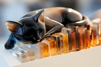 Black cat sleeping peacefully on row of amber glass perfume bottles, creating artistic composition with warm lighting and soft focus effect.