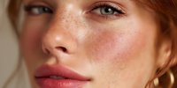 Young Caucasian woman with freckled skin and natural makeup showcasing healthy glowing complexion and red lipstick for beauty and skincare concepts.