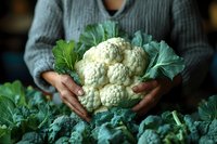 Farmer in gray striped shirt holding fresh white cauliflower with green leaves in hands, harvested vegetables for cooking and healthy eating.
