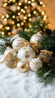 Elegant white and gold ornaments with pine branches and pinecones arranged on snow, featuring warm bokeh lights in background for holiday decorating and seasonal celebrations.