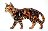 Geometric mosaic style cat with orange and brown stained glass pattern on white background, artistic animal illustration isolated for creative projects.