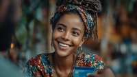 Young African woman with colorful traditional headwrap and patterned clothing smiling warmly at camera with natural lighting and bokeh background.