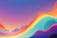 Vibrant flowing waves in rainbow colors against purple and pink gradient sky background create dynamic abstract composition with fluid motion and organic curves.