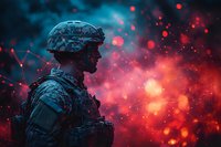 Military soldier silhouette against dramatic red and blue background with glowing particles and bokeh effects, creating atmospheric combat scene composition.