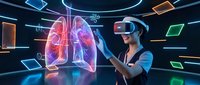 Female doctor using virtual reality headset examining 3D holographic lungs in futuristic medical environment for healthcare education and diagnosis.
