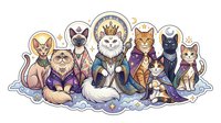 Anthropomorphic cats wearing royal robes and crowns sitting together on clouds. Feline characters with human characteristics dressed as kings and queens. Isolated clipart suitable for t-shirts, merchandise and design projects.