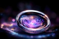 Magical cosmic water drop with galaxy reflection showing purple nebula and stars on dark background with bokeh lights, macro photography style.
