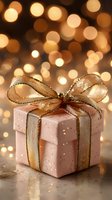 Elegant pink gift box with gold ribbon bow against warm bokeh lights background, creating festive holiday atmosphere.