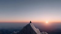 Lone hiker silhouette on snowy mountain peak at sunrise with dramatic sky and valley views below for adventure and outdoor recreation concepts.