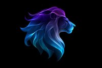 Majestic lion head profile created with flowing smoke effect in vibrant blue and purple gradient colors against black background, artistic wildlife illustration.
