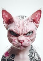 Hairless sphynx cat with tattoos and piercing glaring at camera with angry expression on white background, modern pet art concept for creative projects.
