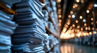 Stacks of paper documents with blurred bokeh lights in background creating atmospheric office environment. Concept of paperwork and business workflow.
