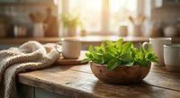 Fresh mint leaves in wooden bowl on rustic kitchen table with warm morning sunlight streaming through window creating cozy cooking atmosphere.