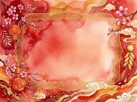 Lunar new year red and gold ornamental frame with cherry blossoms, lanterns, and traditional Asian decorative elements on watercolor background for festive designs.