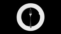 White ceramic dinner plate with silver fork, isolated on transparent background, ready for restaurant menus, food blogs, kitchen clipart, stickers, and print on demand designs.