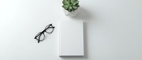 Minimalist white workspace with blank book, eyeglasses and succulent plant on clean desk. Modern office setup for branding, mockup and design projects.