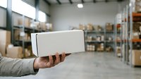 Worker holding blank white cardboard box in warehouse with shelves of inventory and packages in background, suitable for logistics, shipping, delivery, and supply chain concepts.